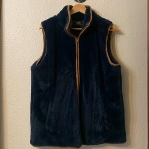 Lucky & Blessed Navy Fleece Vest with Tan Trim - So Soft! EUC